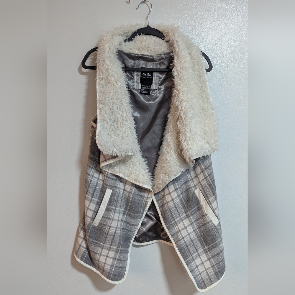 🌸Me Jane Wool Blend Gray White Plaid Draped Open Front Faux Fur Lined Sweater L